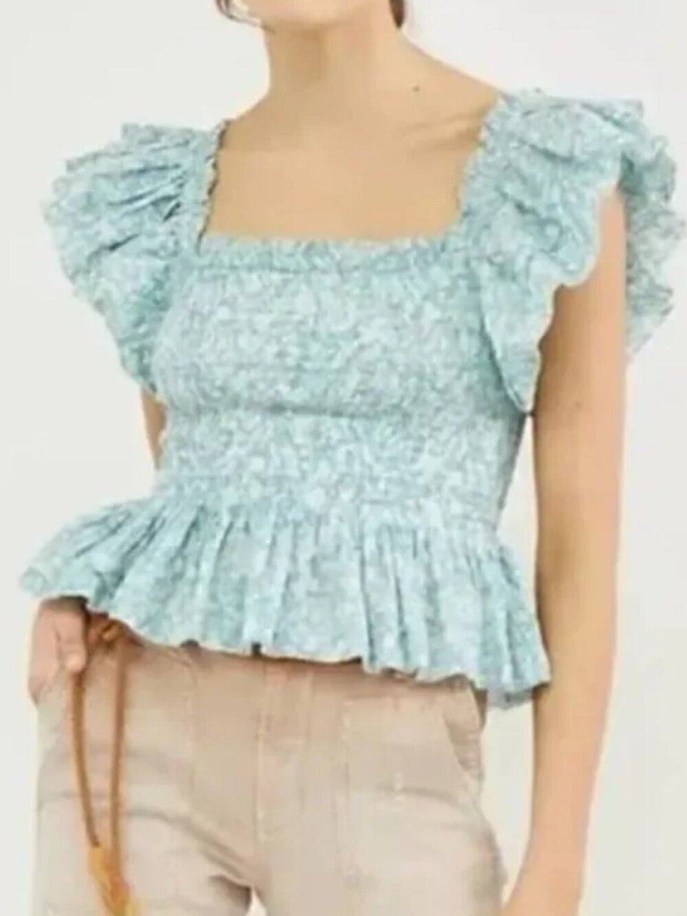 Anthropologie Love the Label Smocked Ruffle Crop Top XS